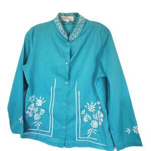 Vtg 70s Don Carlos Embroidered Shirt Jacket Teal Blue White Wearable Art Medium